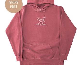 Comfort Colors Moose Hoodie: Wildlife Line Art Unisex Pullover