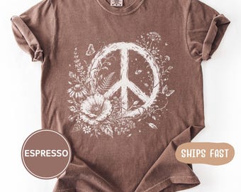 T-shirt Comfort Colors à motif floral et symbole de paix, cadeau pour les amoureux du style hippie, t-shirt vintage à motifs botaniques