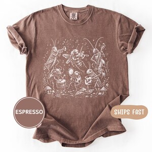May include: A brown short-sleeved t-shirt featuring a white graphic print of various insects playing musical instruments, including a grasshopper with a trumpet, a beetle on drums, a ladybug with a tambourine, and a cricket playing a guitar.
