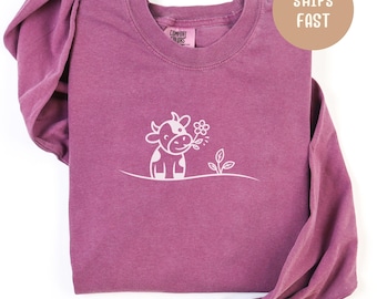Comfort Colors Cow Line Art T-shirt met lange mouwen: uniseks shirt boerderijdieren