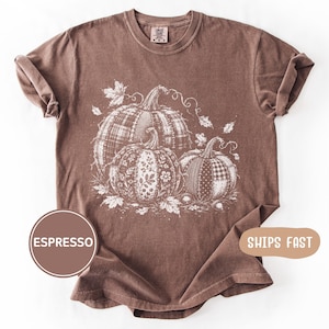 May include: An espresso brown short-sleeve t-shirt featuring a white graphic print of three pumpkins with varied patterns including plaid, floral, and polka dots. The shirt has a crew neckline and a Comfort Colors brand label at the inner neck.