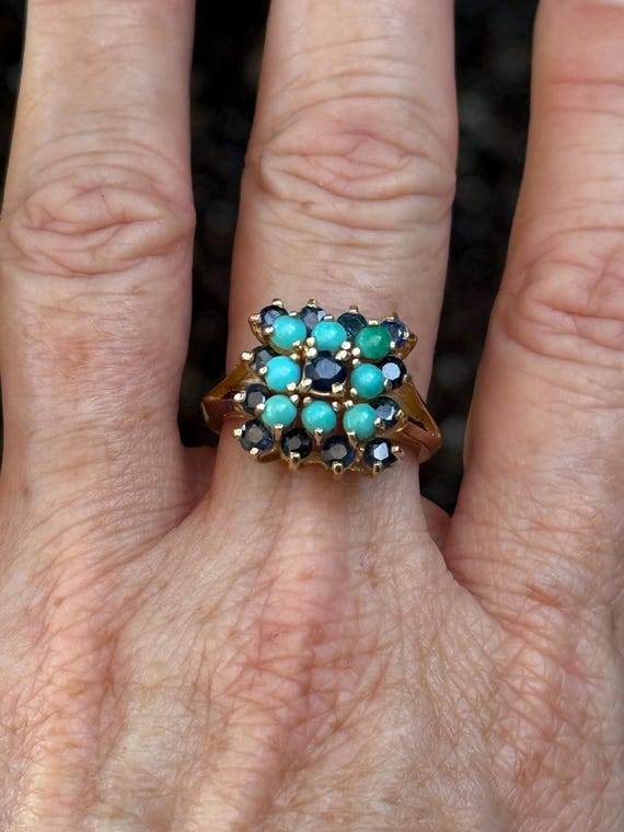 14k solid gold turquoise sapphire statement ring … - image 3