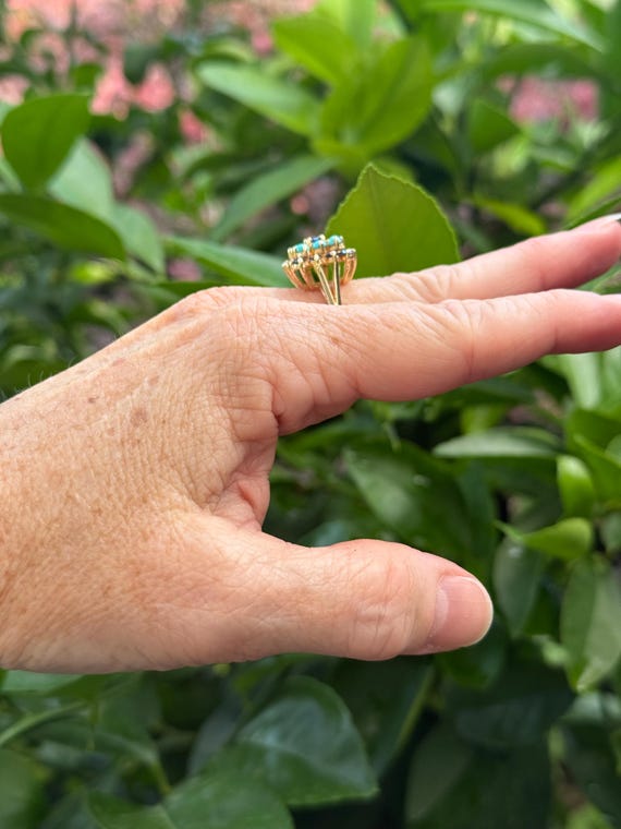 14k solid gold turquoise sapphire statement ring … - image 7
