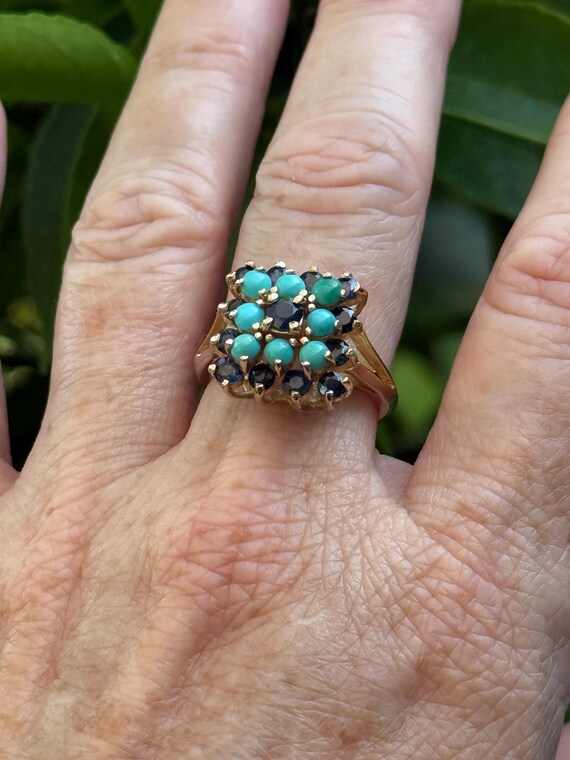14k solid gold turquoise sapphire statement ring … - image 2