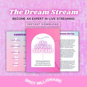 Peut inclure: Un graphique rose et violet avec le texte "The Dream Stream" et "Become an Expert in Live Streaming" en texte blanc. Le graphique comprend également le texte "Spicy Millionaire" et "Achieving expertise in live streaming and all associated components".
