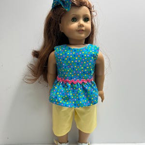 18&quot;  Doll Shorts Set, 18&quot; Doll Clothes. 18&quot; Turquoise and Yellow Shorts Outfit, Doll Accessories, Doll Clothes, Shorts Set