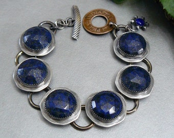 Lapis, Pyrite, Blue, Gemstone, Statement, Bracelet, Sterling Silver, Industrial, Cottage, Bohemian, Rustic, Artisan, Charm