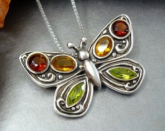 Honey & Thistles - Vintage, Butterfly, Peridot Citrine, Garnet, Natural, Gemstone, Sterling Silver, Cottage, Hippie, Bohemian, Artisan