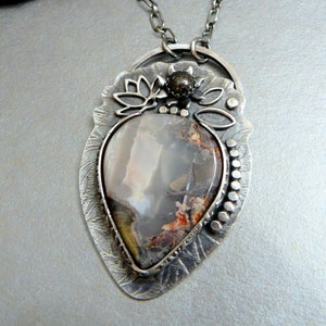 Winter Garden - Plume Agate, Pyrite, Pendant, Statement, Sterling Silver, Boho, Cottage, Hippie, Bohemian, Industrial, Statement, Flower