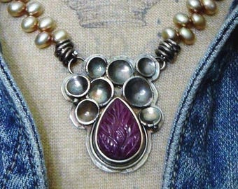 Red | Ruby | Carved | Pendant | Brutalist | Sterling Silver | Pearl | Boho, Cottage, Hippie, Bohemian, Industrial, Statement