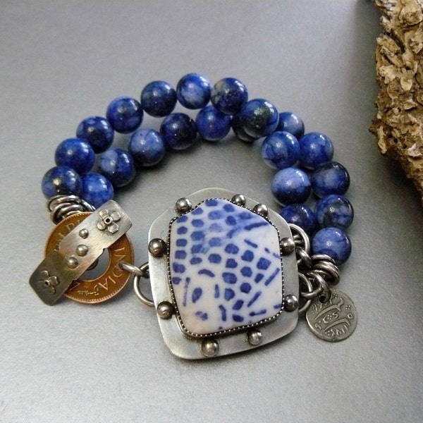 Relic - Blue and White Pottery Shard Braclet made with Stelring Silver, Lapis and  Vintage Coin  Toggle - OOAK - Unique - Artisan - charm