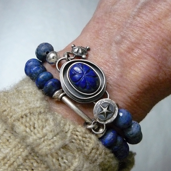 Charming - Lapis Azuli, Blue, Gemstone, Statement, Bracelet, Sterling Silver, Industrial, Cottage, Bohemian, Rustic, Artisan, Charm