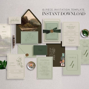 vintage botanical wedding invitation suite, editable woodland theme template, classic moody sage green digital downloadable invite, garden