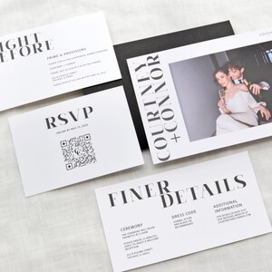 May include: A black and white wedding invitation suite with a photo of the couple. The invitation cards feature bold, modern typography with the text "Night Before", "RSVP", "Courtney + Connor", and "Finer Details".