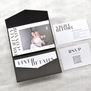 May include: A black and white wedding invitation suite with a photo of the couple on the front. The invitation includes the couple's names, "Courtney + Connor", and the text "Finer Details". The RSVP card includes a QR code. The Night Before card includes the text "Night Before" and details about the event.