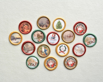 May include: A collection of round Christmas-themed images with gold, red, and green frames. The images depict winter scenes, Santa Claus, Christmas trees, and festive decorations. The items are arranged on a white textured surface.