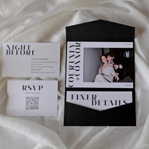 May include: Black and white wedding invitation with a photo of the couple, the text "Courtney + Connor" and "Finer Details" and a QR code for RSVP.