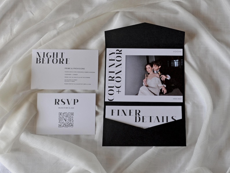 May include: Black and white wedding invitation with a photo of the couple, the text "Courtney + Connor" and "Finer Details" and a QR code for RSVP.