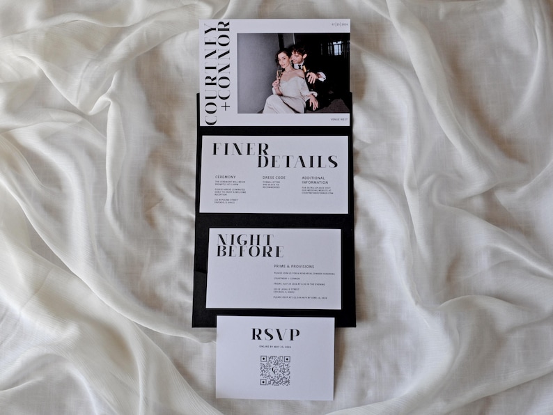 May include: A black and white wedding invitation suite with a photo of the couple on the top card. The text on the cards reads "Courtney + Connor", "Finer Details", "Night Before", and "RSVP".