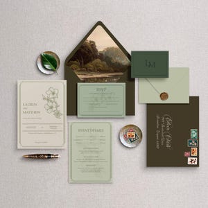 vintage botanical wedding invitation suite, editable woodland theme template, classic moody sage green digital downloadable invite, garden