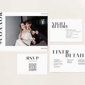 May include: Wedding invitation suite with a black and white color scheme. The invitation features a photo of a couple, the RSVP card has a QR code, and the details card includes information about the ceremony, dress code, and additional information.