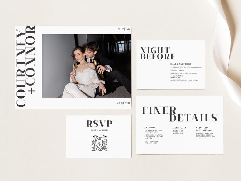 May include: Wedding invitation suite with a black and white color scheme. The invitation features a photo of a couple, the RSVP card has a QR code, and the details card includes information about the ceremony, dress code, and additional information.