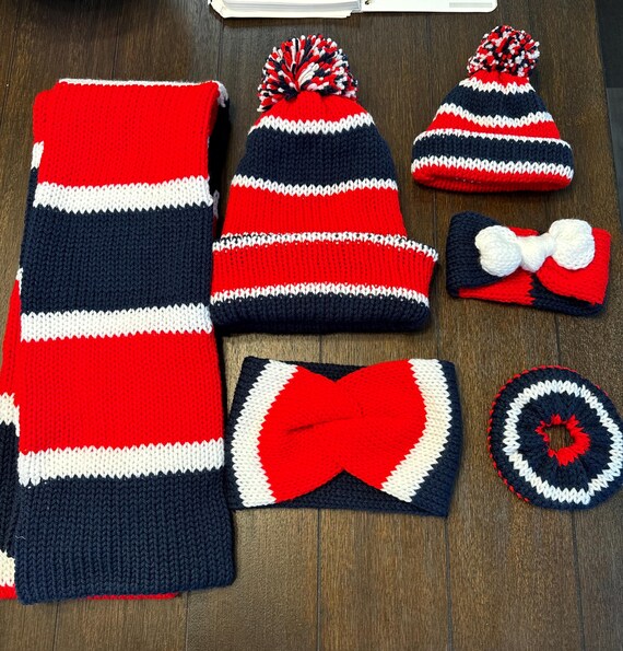 USA Colorway Knit Winter Hat, Scarf, Ear Warmer: Handmade 
