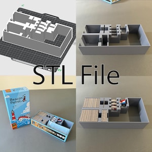 May include: A 3D printed organizer for the board game "Beacon Patrol". The organizer is gray and has compartments for cards, dice, and other game components. The game box is also shown in the image.