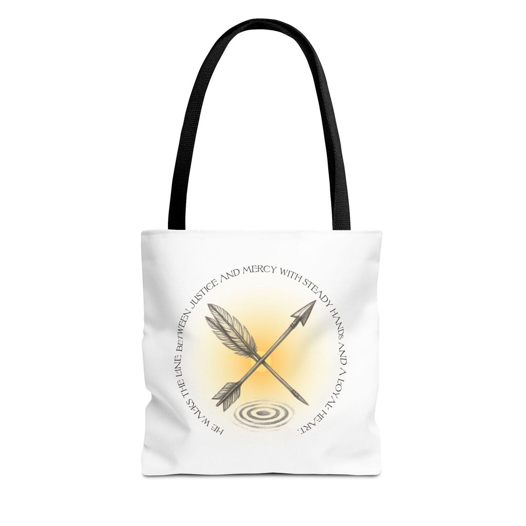 Balance of Justice & Mercy Tote Bag | Arrow Sigil and Loyal Heart Verse ...
