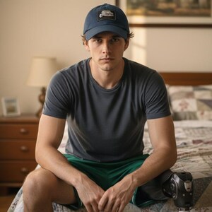 May include: A navy blue baseball cap with a rectangular patch featuring a white graphic, a dark grey crew neck t-shirt, and green athletic shorts. A prosthetic leg device is visible on the lower left side of the frame, showing a black and silver finish.