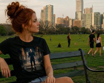 May include: A black t-shirt featuring a graphic print of a person standing in a dark alleyway with the text Guardian of the Night. The shirt is paired with light blue denim shorts, creating a casual look suitable for outdoor settings.