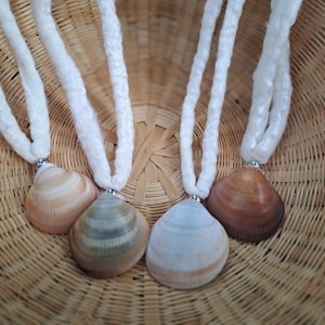 Könnte beinhalten: Vier Muschelkettchen mit weißen Kordelanhängern werden in einem Weidenkorb präsentiert. Die Muscheln sind in verschiedenen Farben gehalten, darunter Beige, Braun und Blau. Ein Accessoire zum Thema Strand.