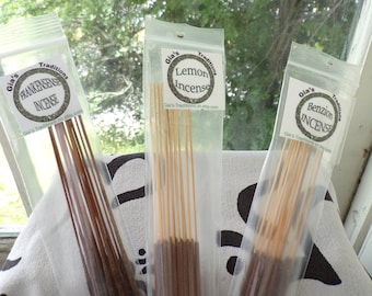 May include: Three packages of incense sticks, each with a different scent. The packages are labeled "Frankincense Incense", "Lemon Incense", and "Benzion Incense".
