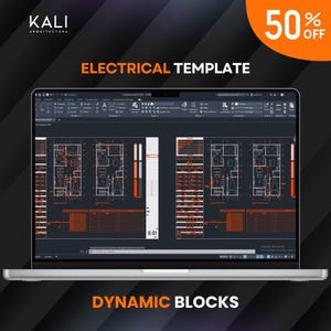 May include: A laptop displays an electrical template with architectural plans in orange and white. The screen shows a blueprint with multiple floor plans and the text "ELECTRICAL TEMPLATE" and "DYNAMIC BLOCKS". A 50% OFF orange circle is in the top right corner.
