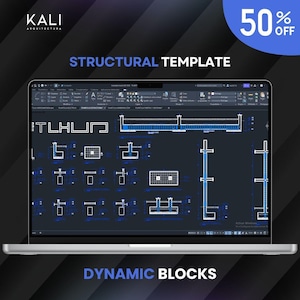 May include: A laptop displays a structural template with dynamic blocks. The screen shows a blueprint-style technical drawing in white and blue. The image includes the text "STRUCTURAL TEMPLATE" and "DYNAMIC BLOCKS". A 50% off promotion is visible.
