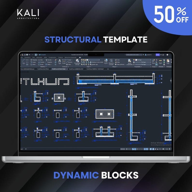 May include: A laptop displays a structural template with dynamic blocks. The screen shows a blueprint-style technical drawing in white and blue. The image includes the text "STRUCTURAL TEMPLATE" and "DYNAMIC BLOCKS". A 50% off promotion is visible.