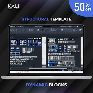 May include: A laptop displays architectural blueprints with blue and white details. The screen shows a structural template and dynamic blocks. The image includes the text "50% OFF" and the logo for Kali Arquitectura.
