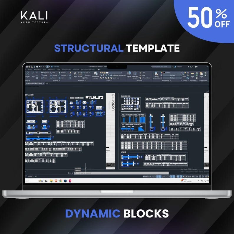 May include: A laptop displays architectural blueprints with blue and white details. The screen shows a structural template and dynamic blocks. The image includes the text "50% OFF" and the logo for Kali Arquitectura.