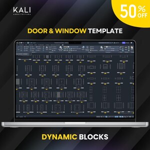 May include: A laptop displays a door and window template with dynamic blocks. The screen shows a grid of architectural drawings, with the text "Door & Window Template" and "Dynamic Blocks" in yellow. The image also includes a "50% OFF" promotion.