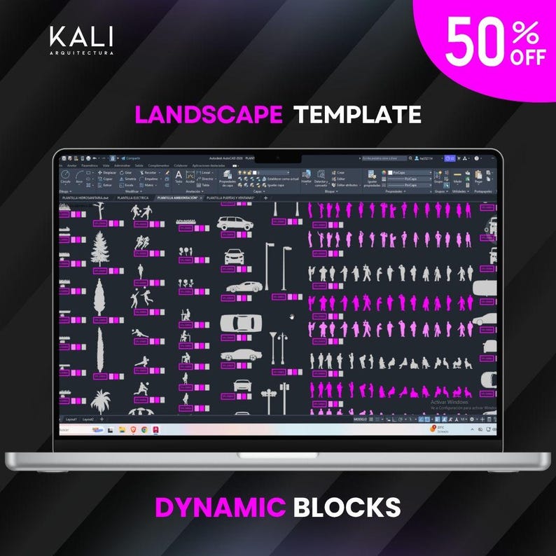 May include: A laptop displays a landscape template with dynamic blocks. The screen shows a design with various elements, including trees, people, cars, and streetlights, in white and magenta against a dark background. The text "LANDSCAPE TEMPLATE" and "DYNAMIC BLOCKS" are visible.