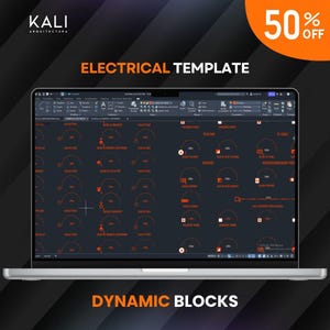 May include: A laptop displays an electrical template with orange and white text and icons on a dark background. The screen shows a design with labels like "SALIDA DE PARED" and "TELEFONO". The top right corner has a "50% OFF" banner. The text "ELECTRICAL TEMPLATE" and "DYNAMIC BLOCKS" are also visible.