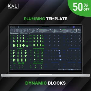 May include: A laptop screen displaying a plumbing template with green and blue dynamic blocks. The text "PLUMBING TEMPLATE" and "DYNAMIC BLOCKS" are visible. A green circle indicates a 50% discount.