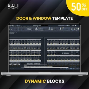 May include: A laptop screen displaying a digital door and window template with AutoCAD software interface. The screen shows technical architectural drawings labeled as PLANTILLA DE PUERTAS-MAMPARAS and PLANTILLA DE VENTANAS with dynamic blocks.