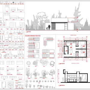 May include: Architectural blueprint with detailed line drawings of furniture, interior layouts, and building elevations. Includes a modern house design with a person and child silhouette. Text includes "LOGOTIPO EMPRESA" and "A-02".