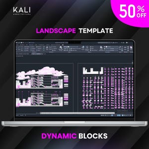 May include: A laptop screen displays a landscape template with architectural drawings and dynamic blocks. The screen shows a 50% off promotion. The text "LANDSCAPE TEMPLATE" and "DYNAMIC BLOCKS" are visible.