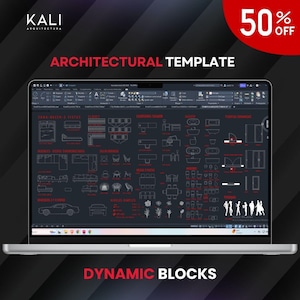 May include: A laptop displays an architectural template with various furniture and building plan symbols. The screen shows the text "ARCHITECTURAL TEMPLATE" and "DYNAMIC BLOCKS". A red circle in the top right corner indicates a 50% discount.