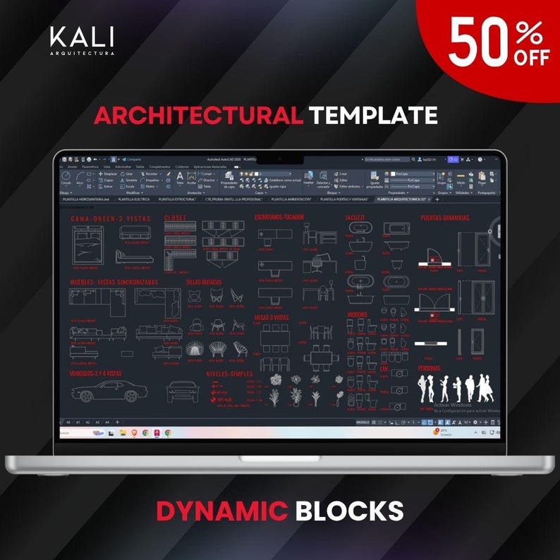 May include: A laptop displays an architectural template with various furniture and building plan symbols. The screen shows the text "ARCHITECTURAL TEMPLATE" and "DYNAMIC BLOCKS". A red circle in the top right corner indicates a 50% discount.