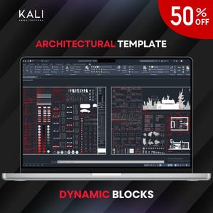 May include: A laptop displays an architectural template with red and white details. The screen shows a CAD program with various building plans and diagrams. Text on the screen reads "ARCHITECTURAL TEMPLATE" and "DYNAMIC BLOCKS". A red circle indicates a 50% discount.