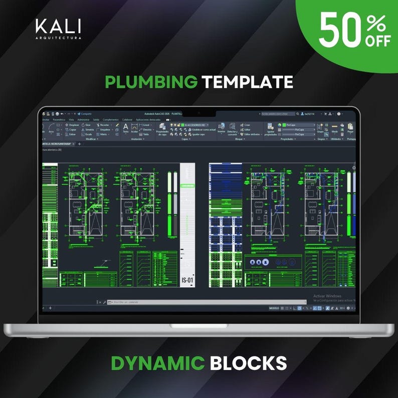 May include: A laptop displays a plumbing template design with green and white architectural plans. The screen shows the text "PLUMBING TEMPLATE" and "DYNAMIC BLOCKS". The image also includes the text "50% OFF" in a green circle.