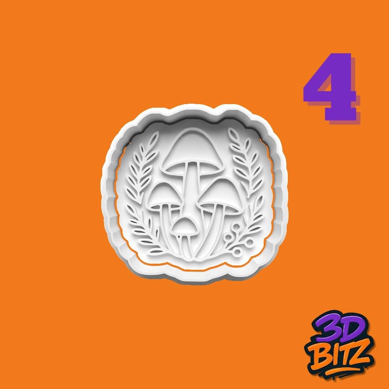 May include: White mushroom-shaped cookie cutter with a scalloped edge, featuring three mushrooms and foliage. The number "4" is in the upper right corner. The background is orange, and the logo "3D BITZ" is in the lower right corner.